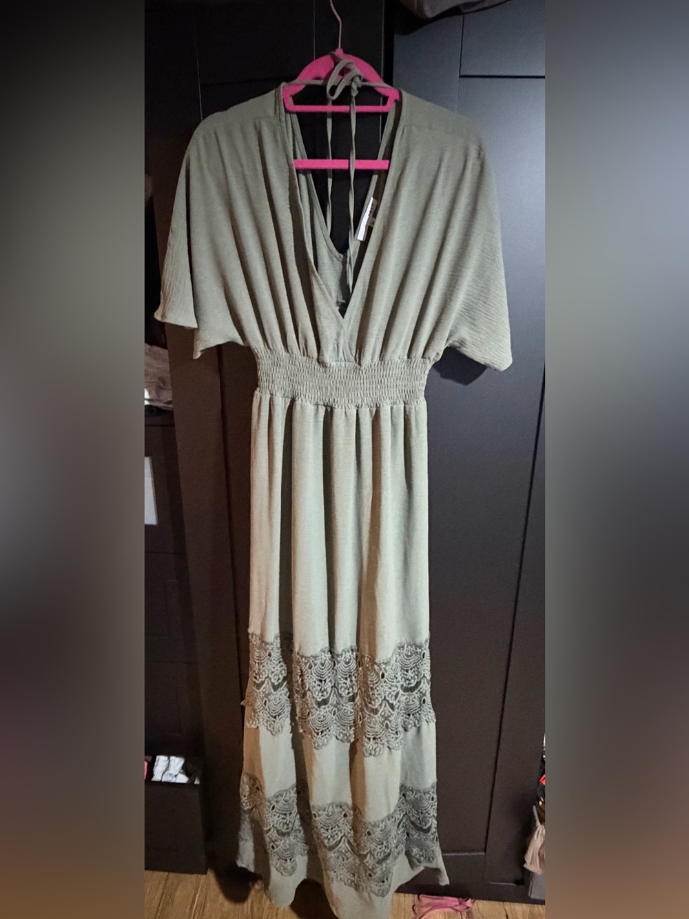 Baltic Born Olive Green Lace-Trim Maxi Dress